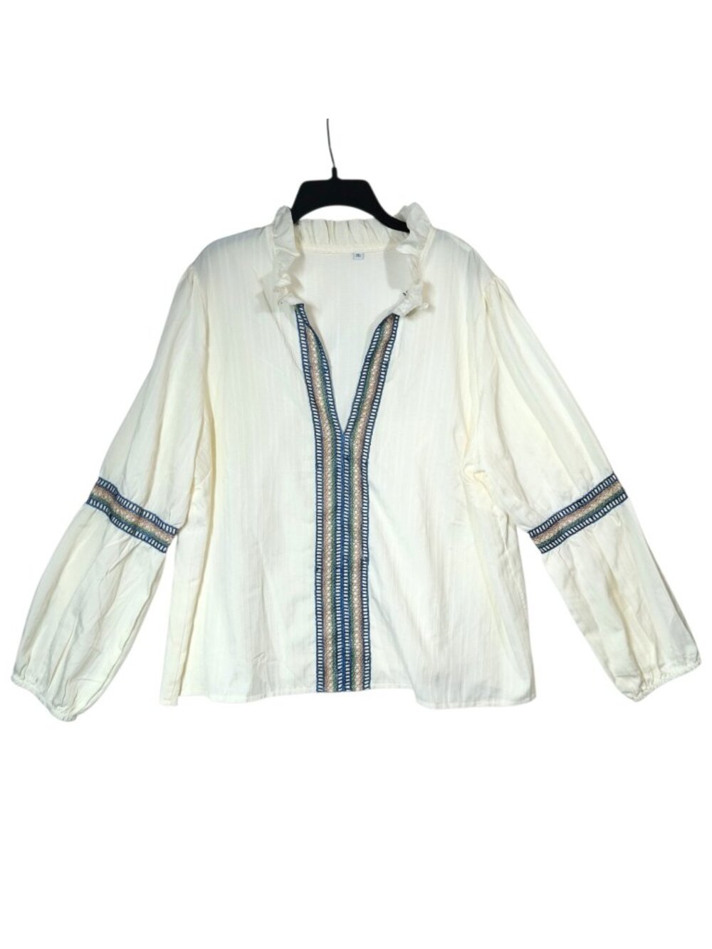 Womens XXL Ivory Boho Blouse Embroidered Trim Ruffle Neck Balloon Sleeve Peasant